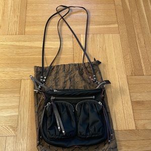 MZ Wallace Sophie double strap crossbody bag black nylon w/ red accents